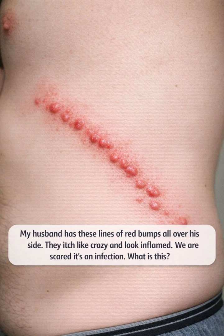 My husband has these lines of red bumps all over his side. They itch like crazy and look inflamed. We are scared it’s an infection. What is this?